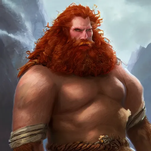 Prompt: a highly detailed portrait of a massive epic fantasy giant redhead man concept art