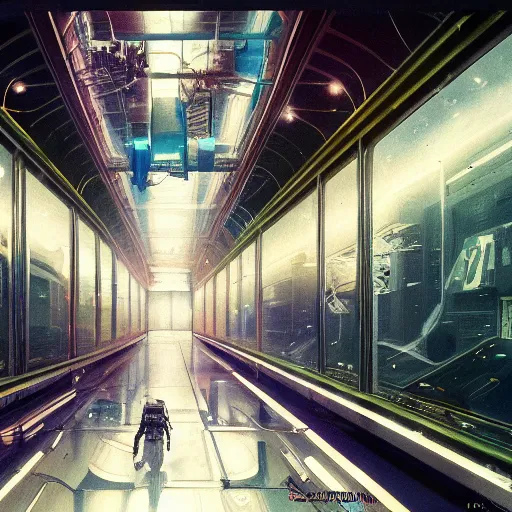 Prompt: space station corridor with big windows looking out into space, nebula, robots, loose wires, messy, inside a crowded space station, 1 9 8 0 s science fiction, 1 9 7 0 s science fiction, alien 1 9 7 9, cyberpunk, 3 d oil painting, depth perception, 4 k, artstation