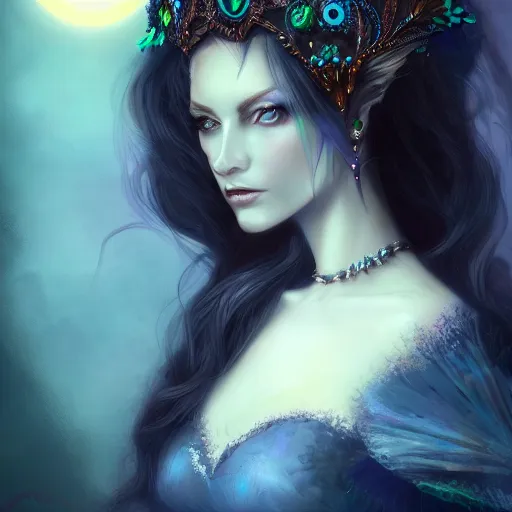 Prompt: detailed portrait of a dark fairy queen , realism, pale blue, emerald, sapphire,dark purple crown,leaves, moonlit, dark fantasy, dramatic lighting, cgsociety, artstation