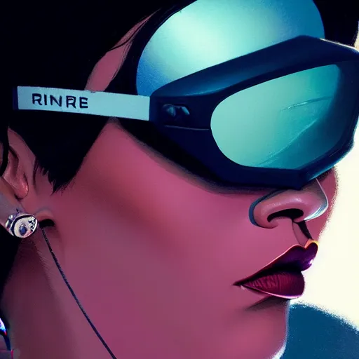 Image similar to Rihanna wearing opaque reflective goggles profile picture by Greg Rutkowski, asymmetrical, futuristic, volumetric lights, streetwear, studio ghibli, Organic Painting , Matte Painting, geometric shapes, hard edges, trending on the artstation, fantasy LUT, realistic by Sachin Teng + Martin Grip + Moebius + Patrick Gleason, smooth, sharp focus, illustration, art by John Collier and Albert Aublet and Krenz Cushart and Artem Demura and Alphonse Mucha, techwear, Industrial Scifi, detailed illustration, character portrait,