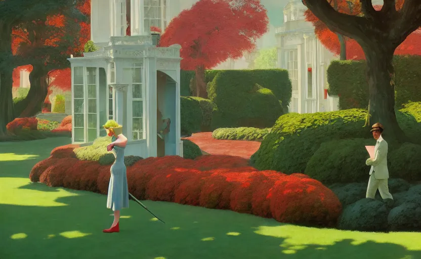 Prompt: An english garden, very coherent, painted by Edward Hopper, Wayne Barlowe, painted by James Gilleard, airbrush, art by JamesJean