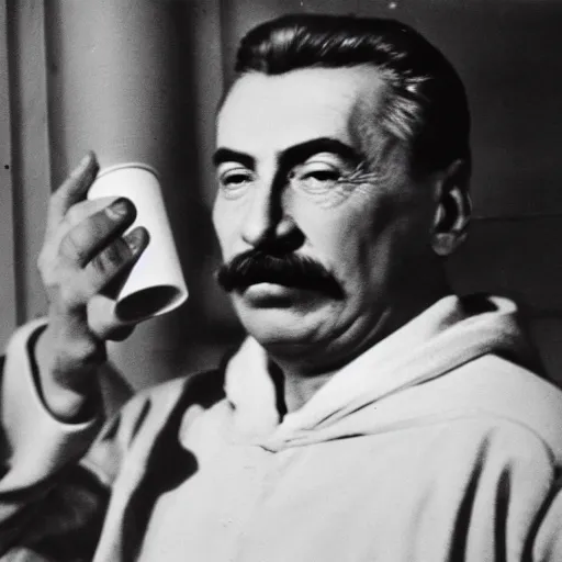 Prompt: cinematic shot of Joseph Stalin wearing a white hoodie and holding a styrofoam cup full of purple liquid sitting on the curb of a street at night, 8k, dslr,