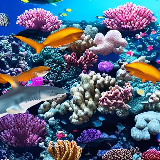 Prompt: beautiful hyper realistic coral reef full of sharks in 4 k