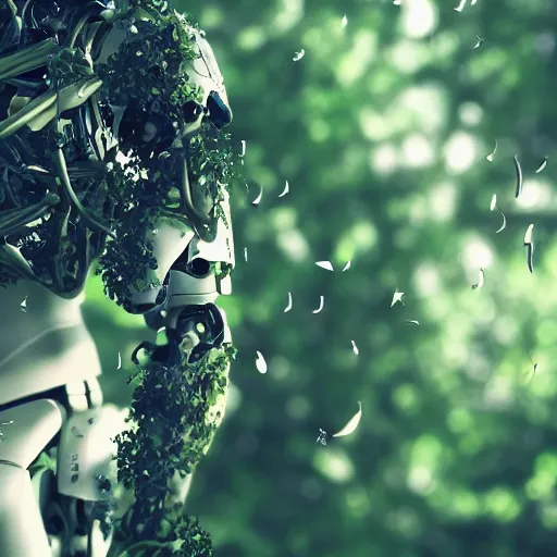 Image similar to beautiful overgrown foliage taking over an ( beautiful abandoned human - shaped robot body laying on the ground ), close - up, 3 5 mm, biopunk, bokeh, beautiful, lens flare, emotional, sweet, flowers, detailed, picture, trending on artstation, award - winning, shiny, golden, angle view, octane render