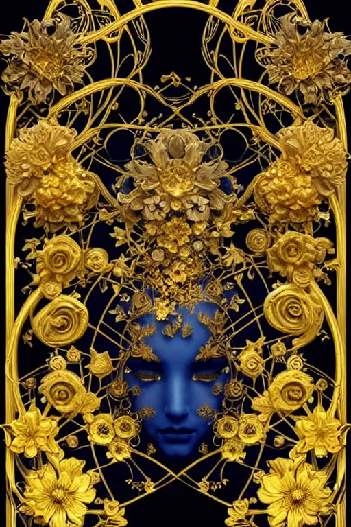 Image similar to beautiful black blue yellow, complicated gold and blue flowers in baroque style decoration, dark fantasy, intricate, elegant, highly detailed, digital painting, artstation, concept art, matte, 3 d 8 k octane rendered, sharp focus, illustration, octane rendered, art by artgerm and alphonse mucha, leesha hannigan