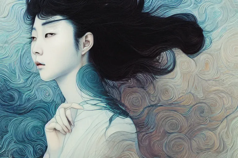 Image similar to Lee Jin-Eun by James Jean, rule of thirds, seductive look, beautiful, in flowy multiversal electrifying waters
