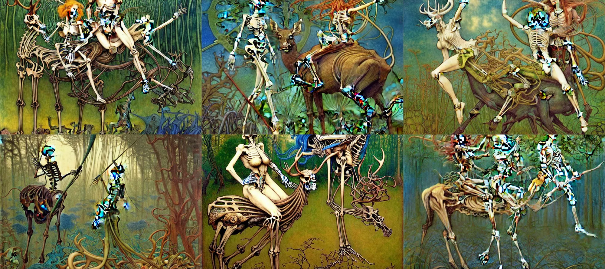 Prompt: realistic extremely detailed portrait skeleton and green haired girl riding a deer, sci-fi forest in background by Jean Delville, Amano, Yves Tanguy, Alphonse Mucha, Ernst Haeckel, Edward Robert Hughes, Roger Dean, rich moody colours, blue eyes