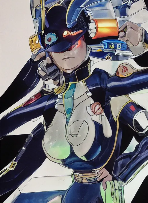 Image similar to Portrait of a female mech pilot in a latex bodysuit, 90s anime, cel-shaded, highly detailed, dramatic background, complementary lighting, poster