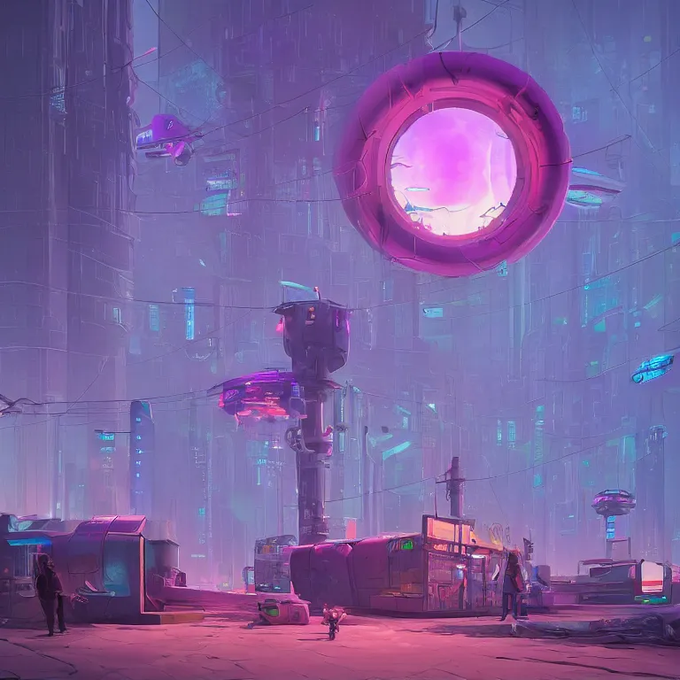 Prompt: a circle portal structure, cyberpunk, epic surrealism, indigo, purple, cyan, detailed digital matte painting in the style of simon stalenhag and painting by ralph mcquarrie