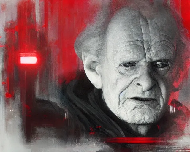 Image similar to portrait of emperor palpatine sidious ian mcdiarmid with a big hood in shades of grey but with red by jeremy mann