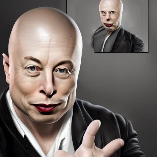 Prompt: Elon Musk as a laughing Dr Evil with his little finger pointed at his mouth, portrait, sharp focus, digital art, Hyper-realistic, 4K, Unreal Engine, Highly Detailed, HD, Dramatic Lighting by Brom, trending on Artstation