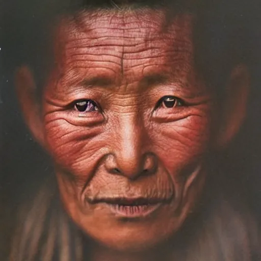 Image similar to ultra realistic vintage photo portrait of a tibetan man, by Annie Leibovitz, no eyes