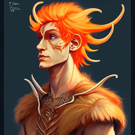 Image similar to portrait painting of an elven eladrin young man with light orange hair and tribal tattoos in his cheekbones wearing fur armor, d & d, rpg, sharp focus, award - winning, trending on artstation, masterpiece, highly detailed, intricate. art by josan gonzales and moebius and deathburger