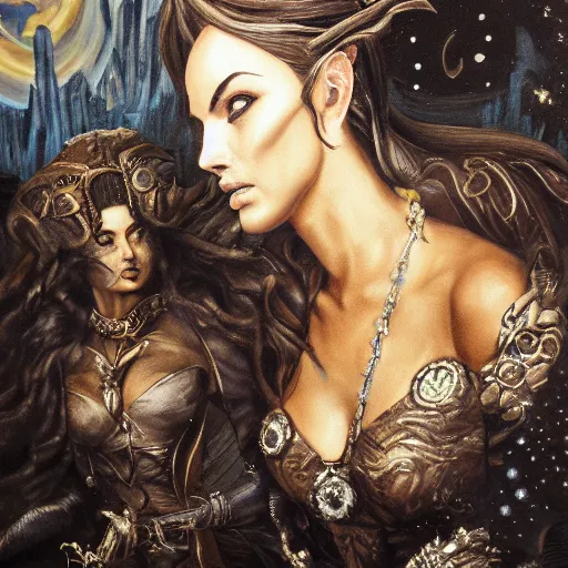 Image similar to Selene and Nyx, queens of the overworld, oil on canvas, textured, detailed, ornate