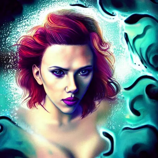 Image similar to “Scarlett Johansson portrait, fantasy, mermaid, cartoon, pearls, glowing hair, ”