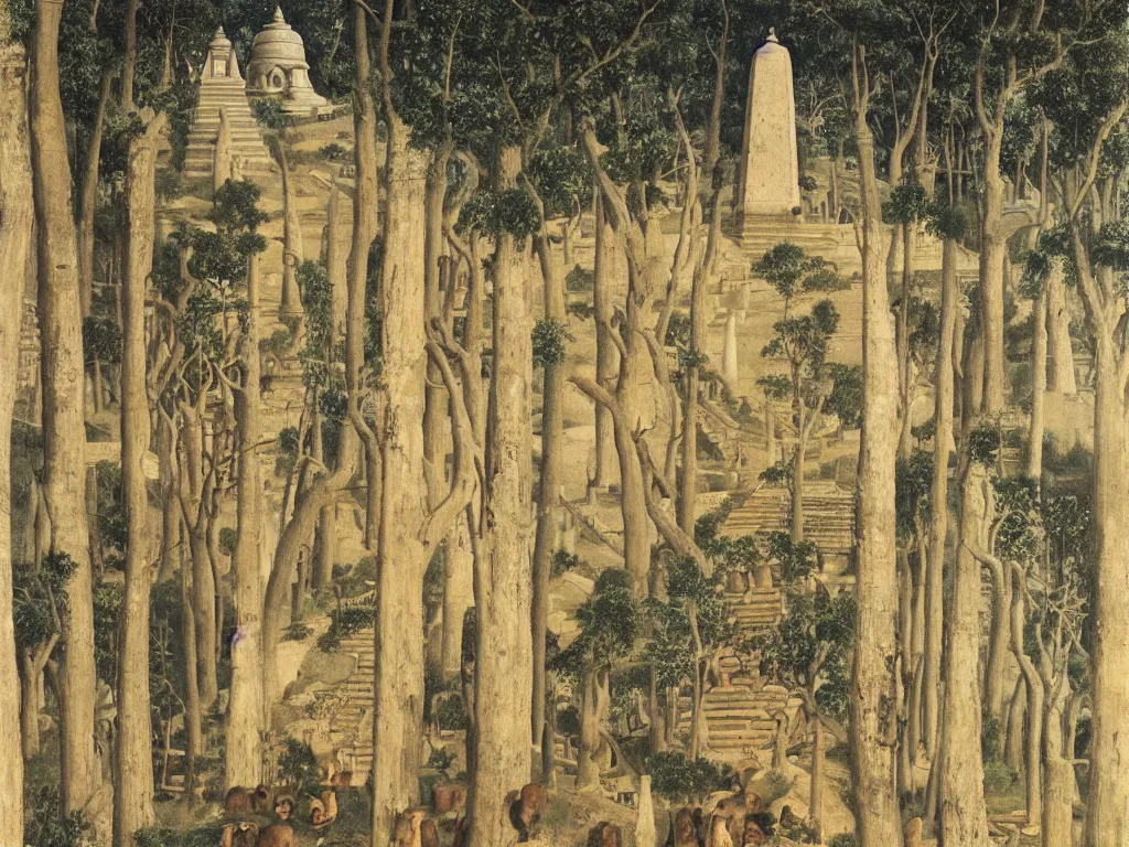 Image similar to Buddhist ruins, stupa at night, surrounded by panthers. Cypresses in the wind. Painting by Paul Delvaux.