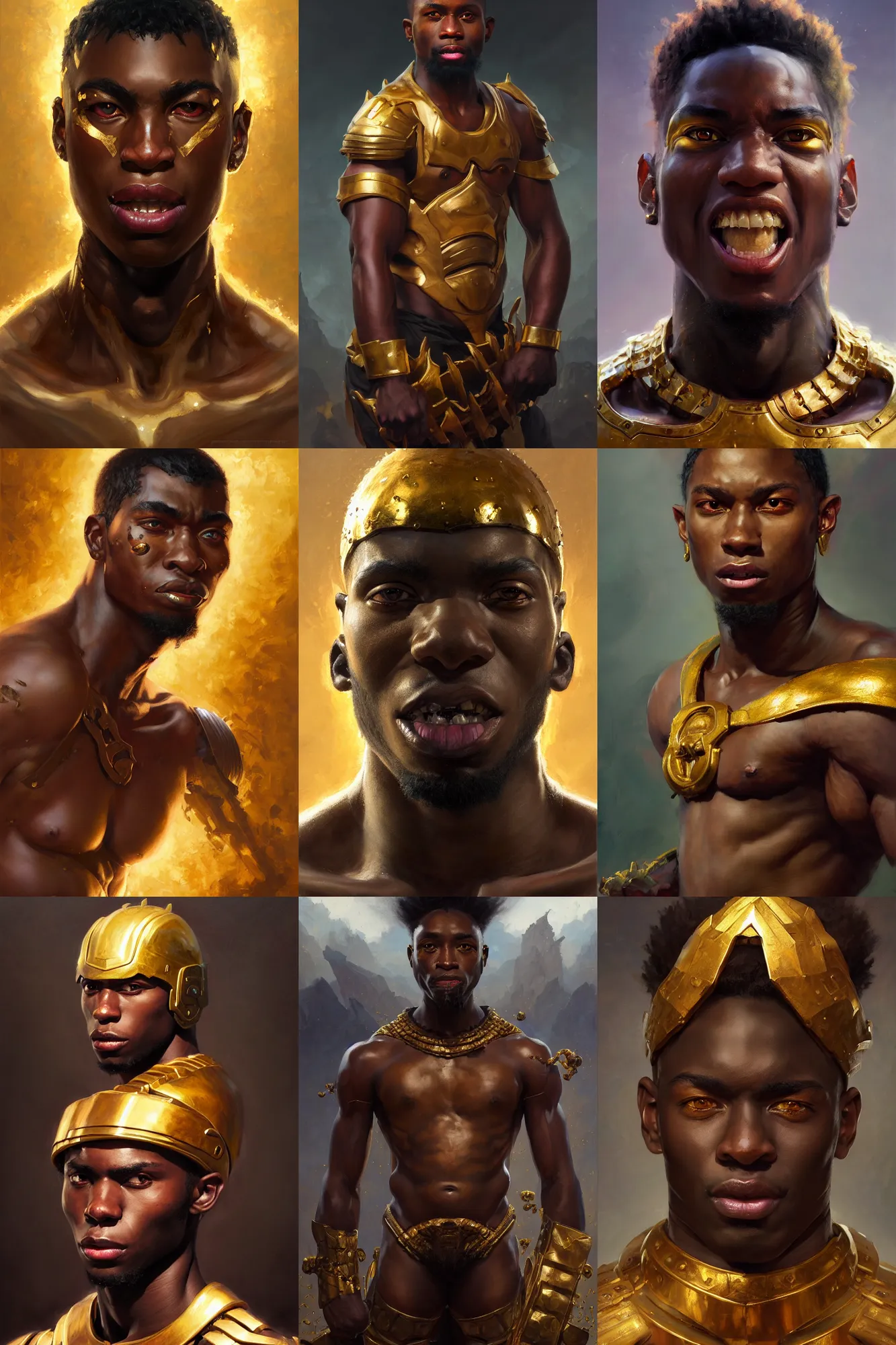 Prompt: a portrait of a young handsome black male berserker, gold, oil on canvas, masterpiece, hi - fructose, mandy jurgens, artgerm, norman rockwell, craig mullins, noah bradley, tranding on pxiv, highly detailed face, clear eyes
