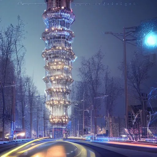 Image similar to a road leading to a huge tower of lights, trending on artststion. hyperdetailed, hyperrealistic, 4 k, unreal engine, night