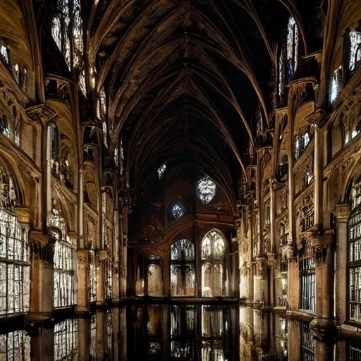 Prompt: inside a gothic library but the ground are submerged in water and the night sky is under its roof, wide range shot, dreamy mood, cinematic ambiance, John Williams Waterhouse, wlop, artstation inspiration, pinterest,
