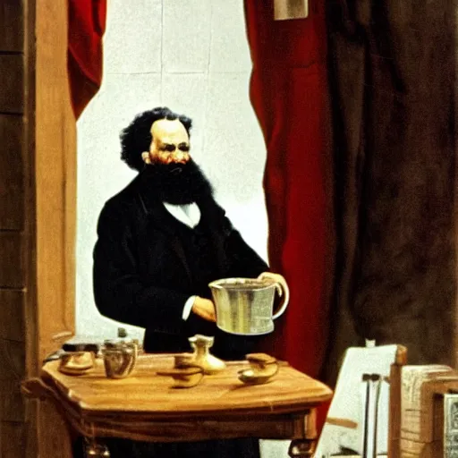 Prompt: karl marx making a cup of coffee. a bird sits on the window ledge screaming at him to hurry up