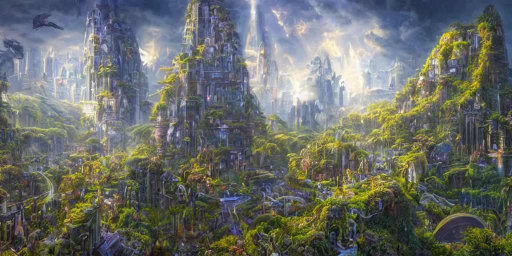 Prompt: balanced masterpiece, fairytale, futuristic industrial city, skyscrapers, monolithic temple, interstellar infinity portal, rainforest mountains, lush plants flowers, epic natural light, bright clouds, luminous sky, outer worlds, bright cinematic lighting, art frahm, michael cheval, michael whelan, airbrush digital oil painting, vray, 8 k hd