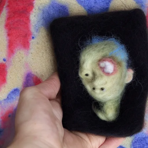 Prompt: photo of a needle - felted burn victim