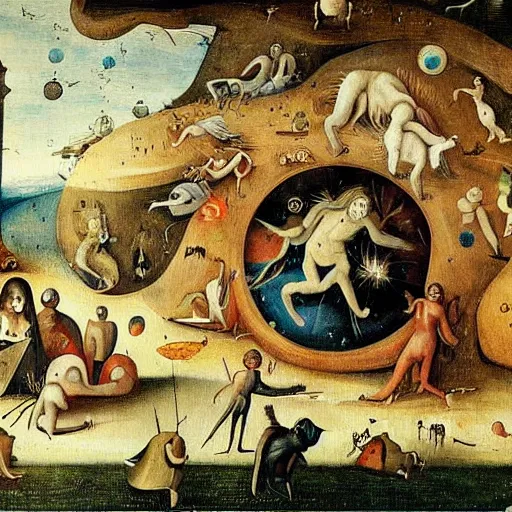 Prompt: beautiful painting of eldricht zooplancton monsters orbiting around the psyche of a sleeping man in the style of Hyeronimus Bosch