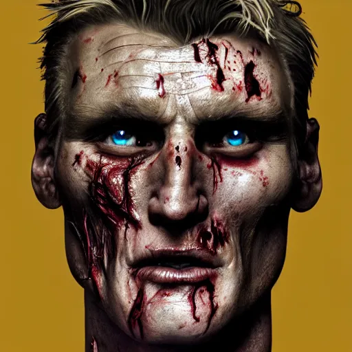 Image similar to dolph lundgren as a flesh eating zombie with cuts on face, 7 days to die zombie, fine art, award winning, intricate, elegant, sharp focus, cinematic lighting, highly detailed, digital painting, 8 k concept art, art by guweiz and z. w. gu, masterpiece, trending on artstation, 8 k