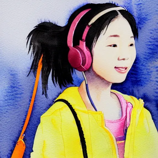 Image similar to cute Chinese girl with headphones and a yellow backpack in NYC, highly detailed watercolor painting