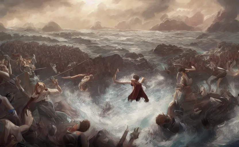 Prompt: harry potter having the final battle at the ocean against a army, artstationhq, digital painting, fantasy, anime, semi realism.