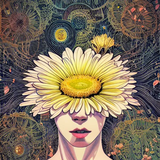 Image similar to portrait, huge daisy flower as a head, woman in modern apartment, surreal, dramatic light, by victo ngai by james jean, by rossdraws, frank franzzeta, mcbess