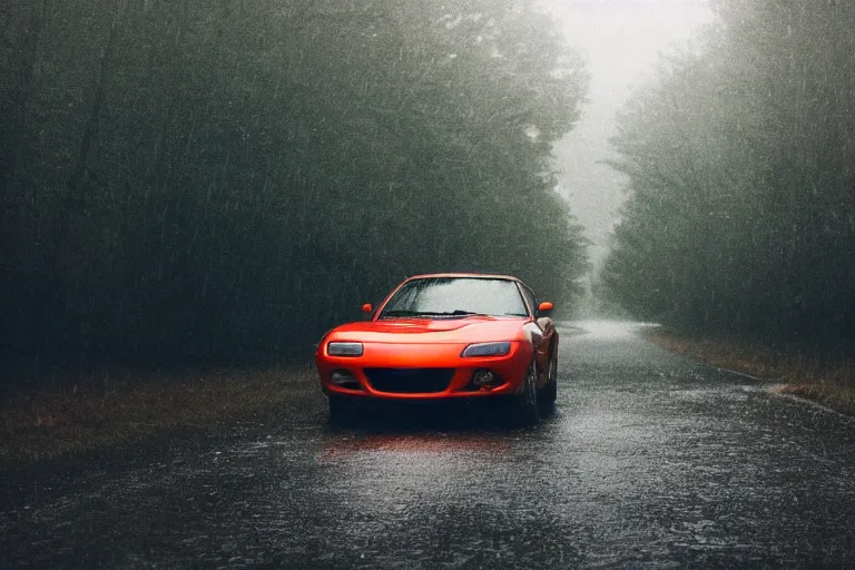 Image similar to A Mazda RX-7 parked in a road with trees, rainy spring season, Epic photography, taken with a Canon DSLR camera, 50 mm, insane depth of field