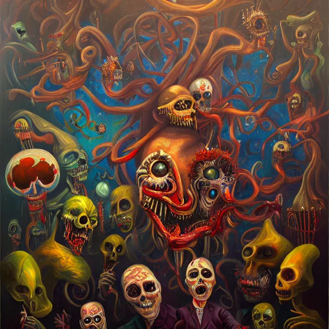 Image similar to an oil on canvas portrait painting of the carnival of nightmares, polycount, surrealism, surrealist, cosmic horror, high detail