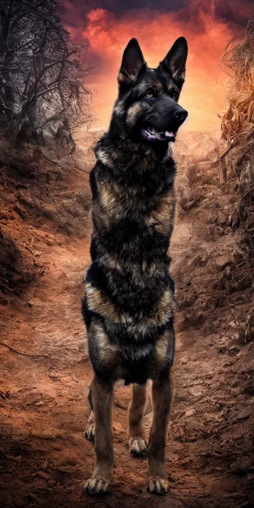 Image similar to close up character portrait of muscular german shepard beast - man, wearing military outfit, standing in hell landscape, 4 k, tone mapping