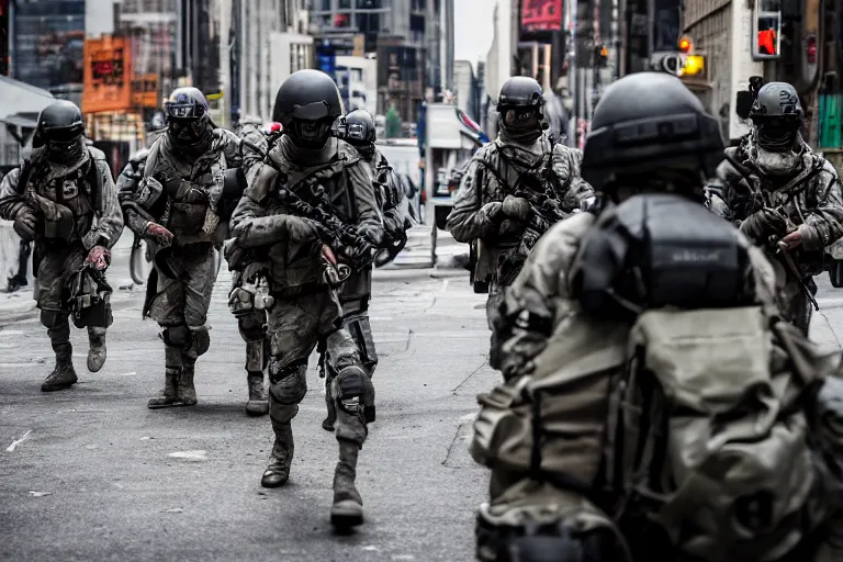 Image similar to Mercenary Special Forces soldiers in grey uniforms with black armored vest and helmets in urban warfare in New York 2022, Canon EOS R3, f/1.4, ISO 200, 1/160s, 8K, RAW, unedited, symmetrical balance, in-frame, combat photography