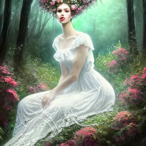 Image similar to a picture of a beautiful woman in a white lace dress and covered in flowers and leaves sitting overlooking an enchanted forest, high fantasy, elegant, epic, detailed, intricate, digital painting, concept art, realistic detailed face, smooth, focus, rim light and volumetric light through the trees,