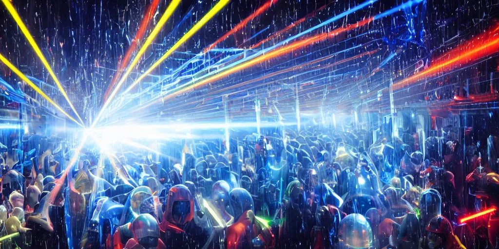 Image similar to wet complex, colored lasers, people, skin, god rays, hair, wet metal reflections, mirrors, infinite, close up, wet, ultra detailed, group of people