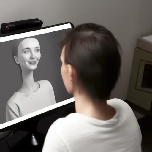 Image similar to an ai drawing a mirror picture of an ai on pc, ai is happy if self aware or unhappy if not