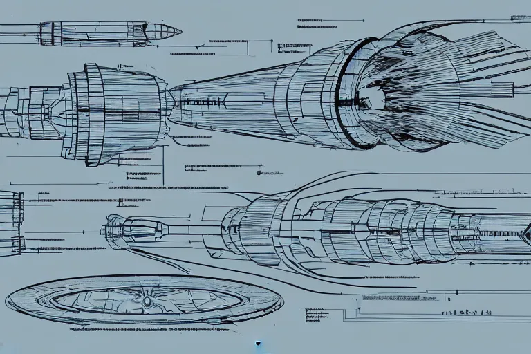 Image similar to Futuristic Neo Solar punk Space ship schematics, Leonardo DaVinci , Line art, Technical drawing, Spaceship parts manufacturing blueprints.