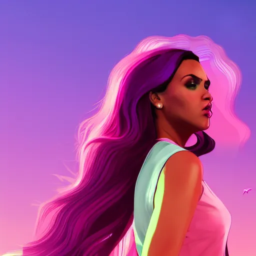 Prompt: a stunning GTA V loading screen with a beautiful woman with ombre hairstyle in purple and pink blowing in the wind, digital art, trending on artstation