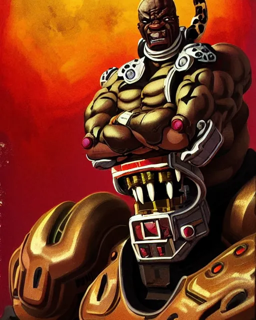 Image similar to doomfist from overwatch, aggressive expression, elegant, leopard print, character portrait, portrait, close up, concept art, intricate details, highly detailed, vintage sci - fi poster, retro future, in the style of chris foss, rodger dean, moebius, michael whelan, and gustave dore