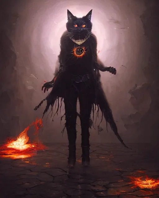 Image similar to oil painting of Anthropomorphized dark Cat Magician casting fire magic spell, evil, glowing eyes, sharp focus, fantasy style, octane render, volumetric lighting, 8k high definition, by greg rutkowski, highly detailed, trending on art Station, magic the gathering artwork, very dark steampunk city backround, centered