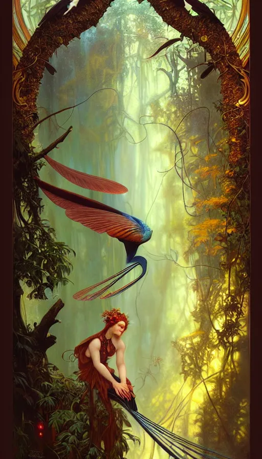 Image similar to consciousness concept art, lush forest, magic, gnarly details, paradise flycatcher, gold, gems, dramatic lighting, denoised, painted by tom bagshaw, alphonse mucha