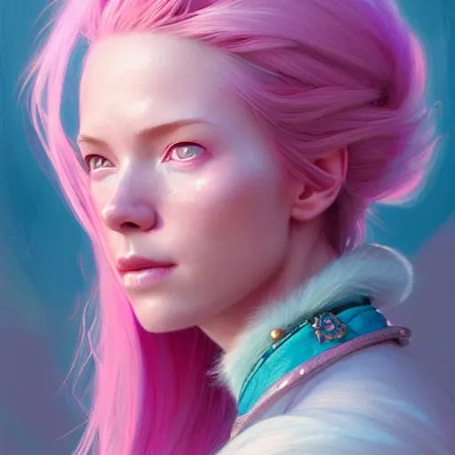 Image similar to pink haired mage medium portrait, female, glacier landscape, norway, d & d, fantasy, intricate, elegant, highly detailed, digital painting, pink and teal color palette, artstation, octane render, concept art, matte, sharp focus, illustration, herrarthstone, art by artgerm and greg rutkowski and alphonse mucha