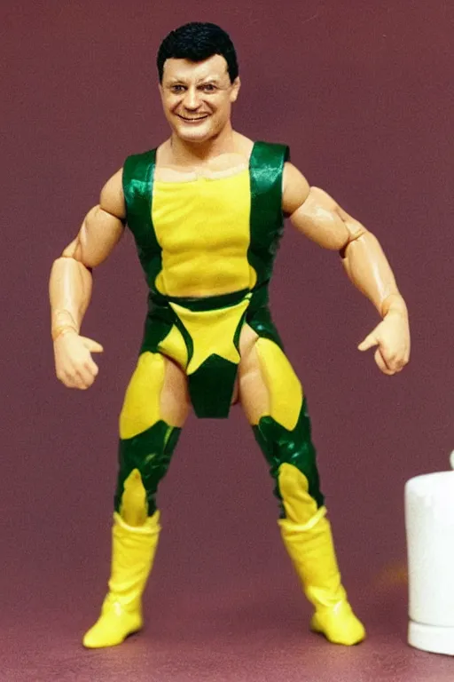 Image similar to [ ukrainian president volodymyr ] zelenskyy as a 1 9 8 0 s wrestling action figure, 🇺🇦,