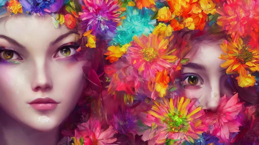 Prompt: stunning colorful mixed media art, female character, flowers, art by cgsociety, 8 k, high resolution