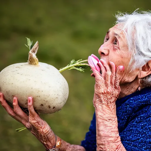 Prompt: elderly woman screaming at a turnip, canon eos r 3, f / 1. 4, iso 2 0 0, 1 / 1 6 0 s, 8 k, raw, unedited, symmetrical balance, wide angle