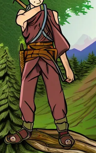 Image similar to an wood elf boy getting ready for an high fantasy adventure on the mountain side, anime style, tarot card, Tarot card the fool