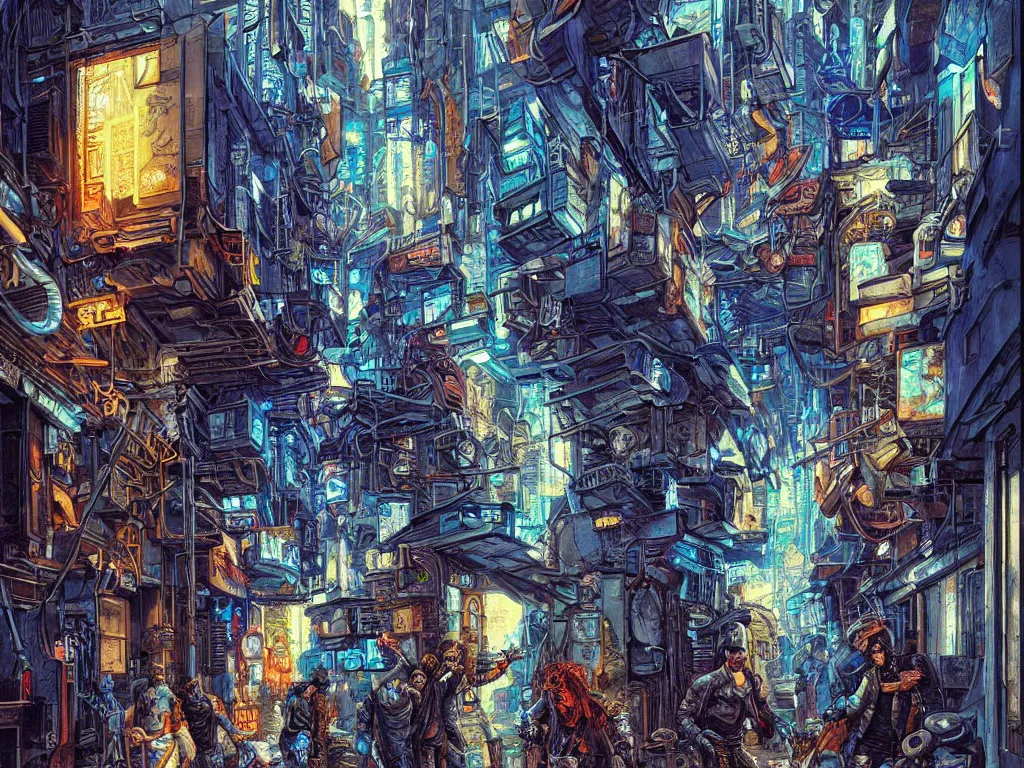 Image similar to a cyberpunk gang in the alleyway between buildings, graffiti, fine detail, intricate, polished, smooth, ultradetailed, blue color scheme, digital art, illustration, impressionist, by john smith and noriyoshi ohrai and george luks