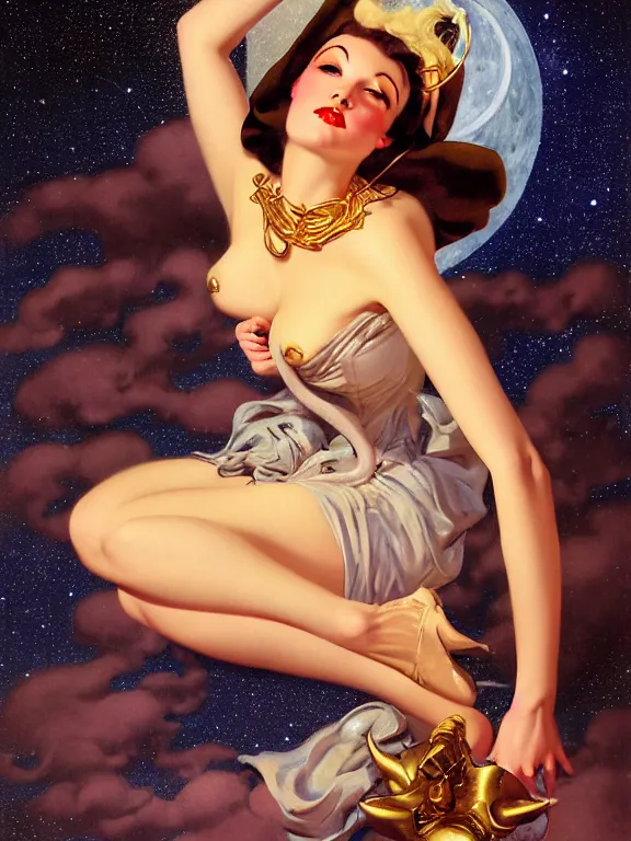 Image similar to ranni the witch, a beautiful art nouveau portrait by Gil elvgren and Hajime Sorayama, moonlit starry sky environment, centered composition, defined features, golden ratio, gold jewlery, photorealistic professional lighting, cinematic, sheer